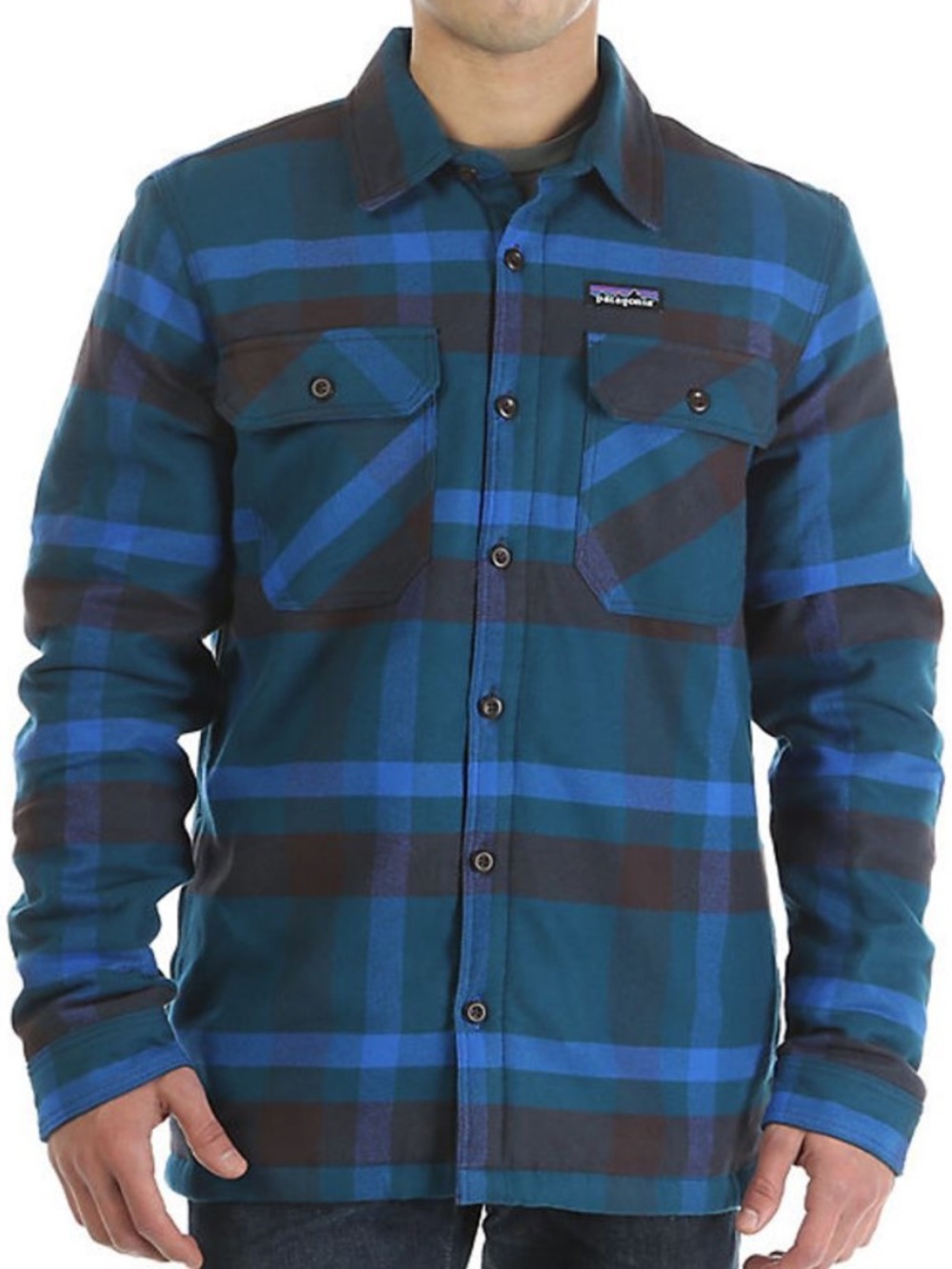 Patagonia Men's Insulated Fjord Flannel Jacket Blue Teal Grey Plaid Small